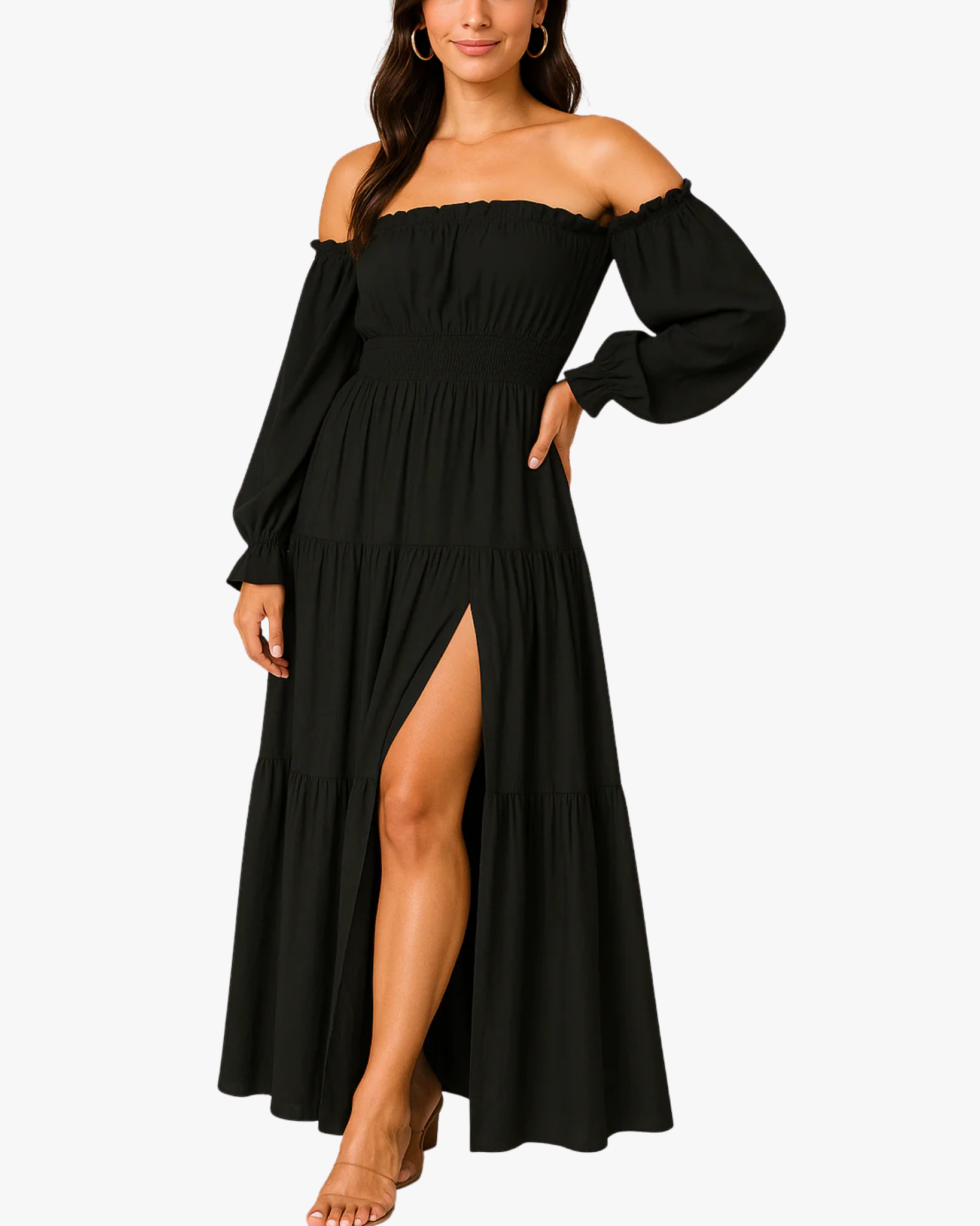 Black off-shoulder long-sleeve dress with a high slit on a white background