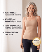 A smiling woman stands indoors wearing a beige built-in bra tank top and dark leggings, with marketing text on the left and a gold '30-Day Money-Back Guarantee' badge in the lower right.