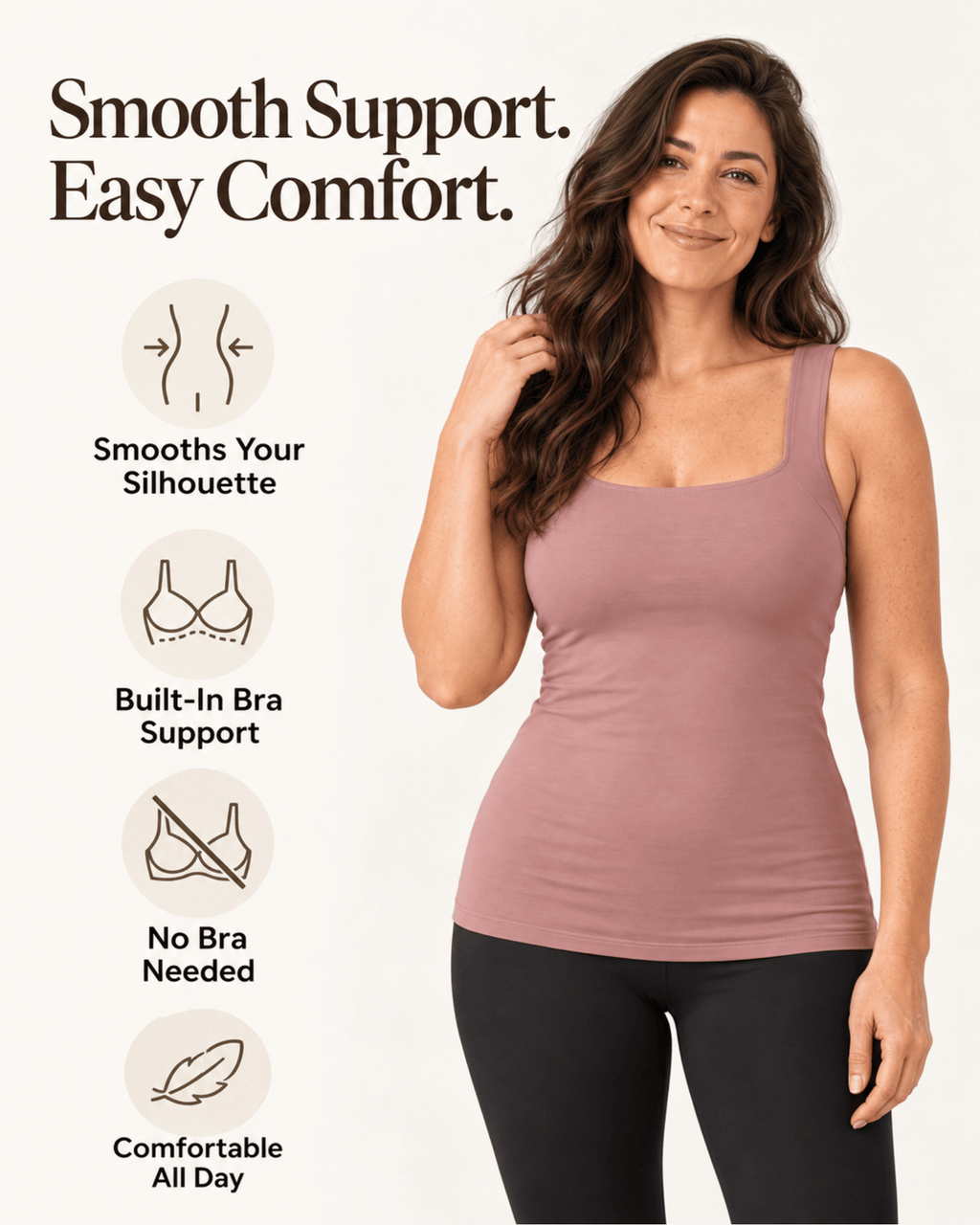 A woman modeling a dusty rose ribbed tank top with black leggings, standing against a light beige background with promotional text and icons about smooth support and bra-free comfort.