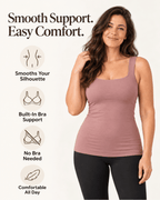 A woman modeling a dusty rose ribbed tank top with black leggings, standing against a light beige background with promotional text and icons about smooth support and bra-free comfort.