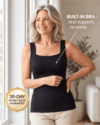 A smiling woman wearing a black built-in bra tank top stands indoors near a window, with text reading 'BUILT-IN BRA - real support, no wires' and a gold badge that says '30-DAY MONEY-BACK GUARANTEE.' The product being sold appears to be the black bra top, not the room or the model.