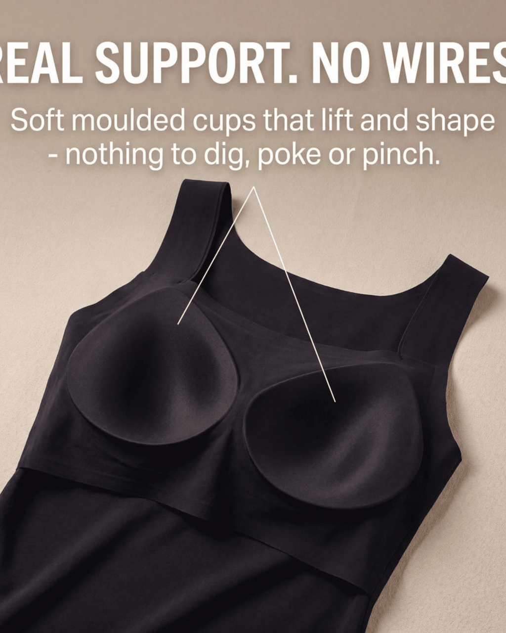 Black wireless underwire bra top with soft molded cups, shown on a beige background with promotional text and pointer lines explaining the cup shape.