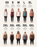 A size chart graphic showing twelve women modeling different tank top colors and fits for sizes XS through 6XL, with height and weight ranges printed above each size.