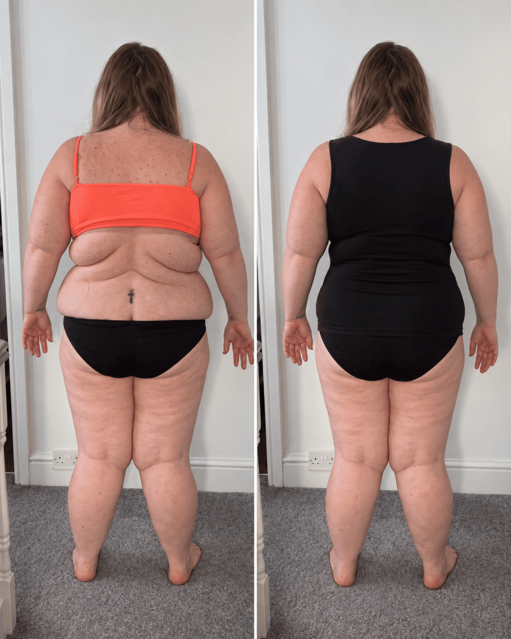 A side-by-side before and after style comparison photo showing a woman from behind standing indoors. The left image shows her wearing an orange bikini top and black bikini bottoms, and the right image shows her wearing a black sleeveless top and black bikini bottoms.