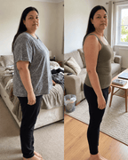 A side-by-side before and after comparison photo of a woman standing in a bedroom/living room setting. The left side shows her wearing a heather gray short-sleeve t-shirt and black pants, while the right side shows her wearing an olive green tank top and black pants.