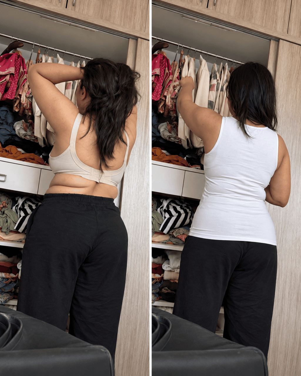 A side-by-side comparison showing a woman from behind in a walk-in closet, wearing a beige sports bra and black pants on the left, and a white tank top and black pants on the right.