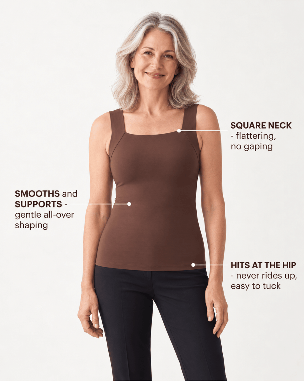 A woman modeling a brown sleeveless tank top against a light gray studio background, with callout text pointing to features like the square neck, smoothing shape, and hip fit.