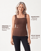 A woman modeling a brown sleeveless tank top against a light gray studio background, with callout text pointing to features like the square neck, smoothing shape, and hip fit.