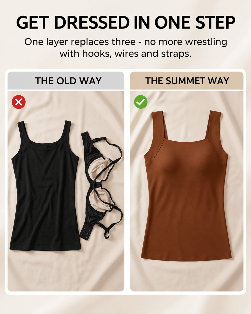 Promotional comparison graphic showing a black tank top paired with a bra under the label 'THE OLD WAY' with a red X, and a brown seamless tank top under the label 'THE SUMMET WAY' with a green check, on a beige fabric background with headline text at the top.