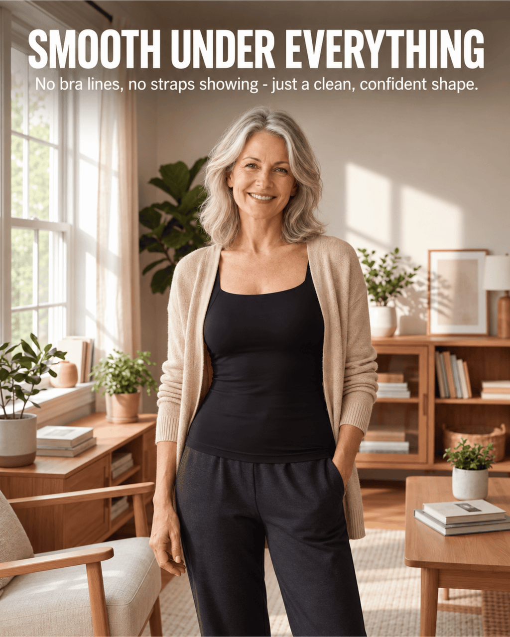 A smiling woman stands in a sunlit living room wearing a black tank top, beige cardigan, and dark pants. Large text at the top reads, 'SMOOTH UNDER EVERYTHING' with smaller copy below about no bra lines or straps showing and a clean confident shape.