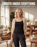 A smiling woman stands in a sunlit living room wearing a black tank top, beige cardigan, and dark pants. Large text at the top reads, 'SMOOTH UNDER EVERYTHING' with smaller copy below about no bra lines or straps showing and a clean confident shape.