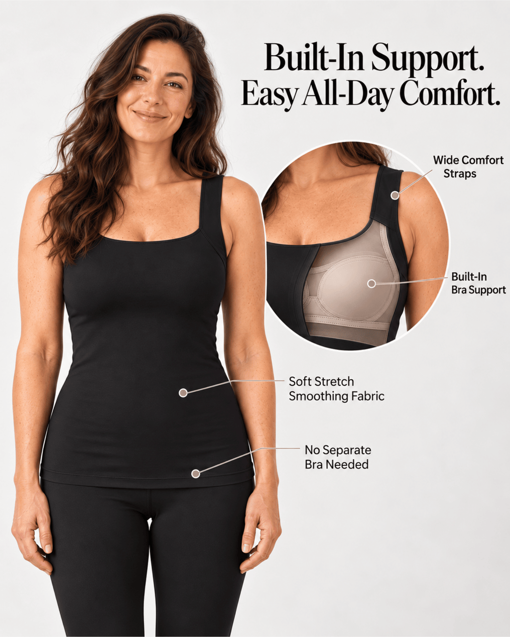 A woman modeling a black tank top and leggings set against a light gray studio background, with callout text and an inset showing built-in bra support and fabric details.