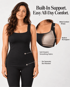 A woman modeling a black tank top and leggings set against a light gray studio background, with callout text and an inset showing built-in bra support and fabric details.
