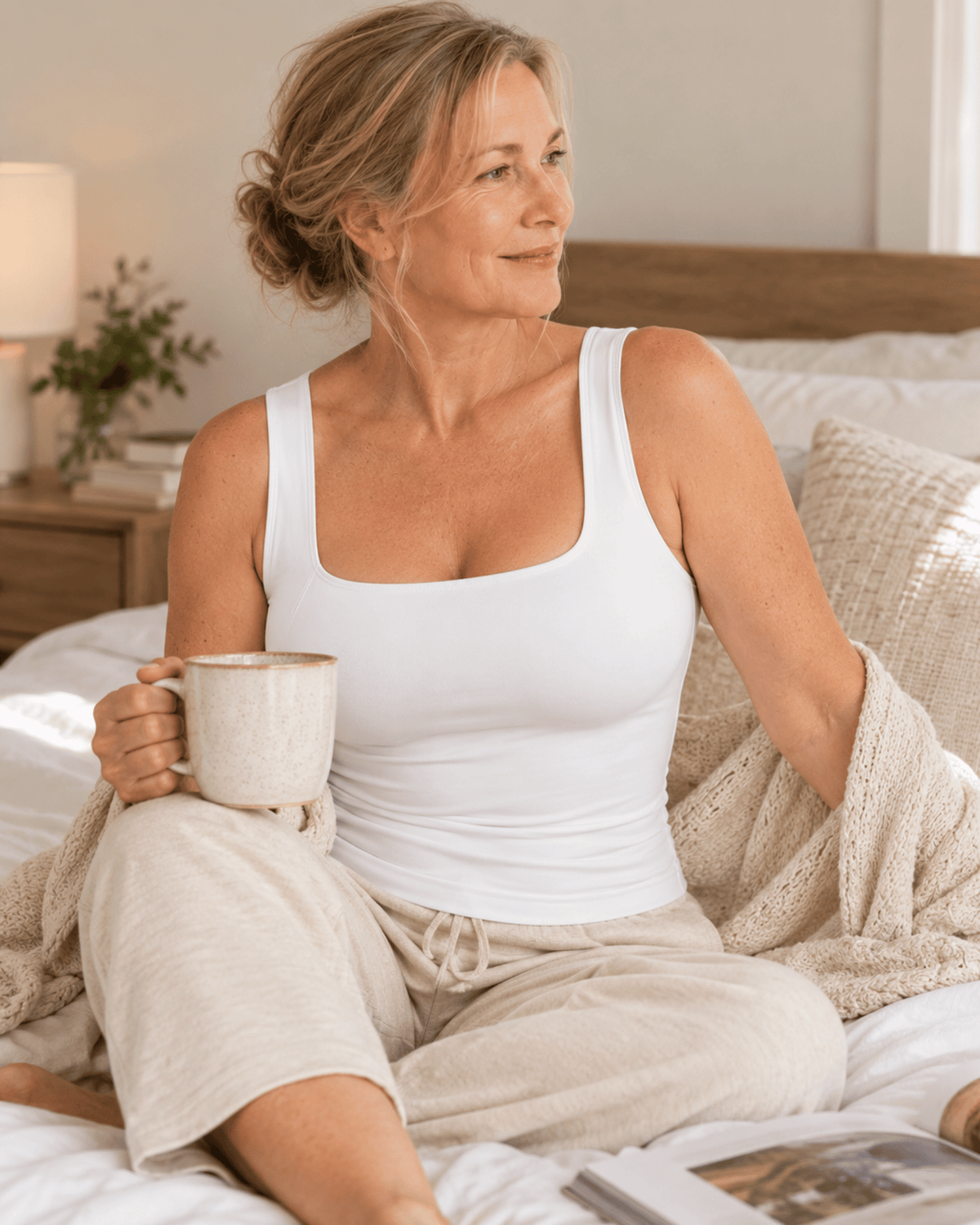 A woman sitting on a bed in a bedroom, wearing a white tank top and beige lounge pants while holding a ceramic mug.