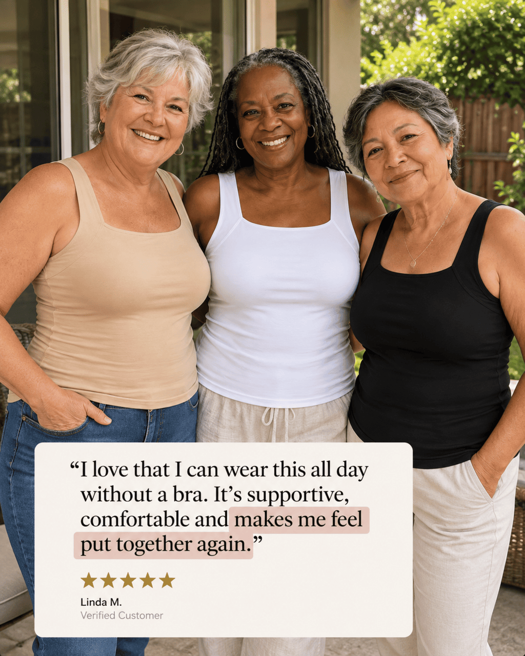 Three women standing together outdoors in front of a glass door, with a large review card overlaid at the bottom containing a quote and star ratings.