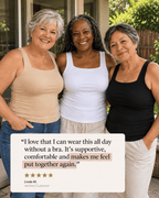 Three women standing together outdoors in front of a glass door, with a large review card overlaid at the bottom containing a quote and star ratings.