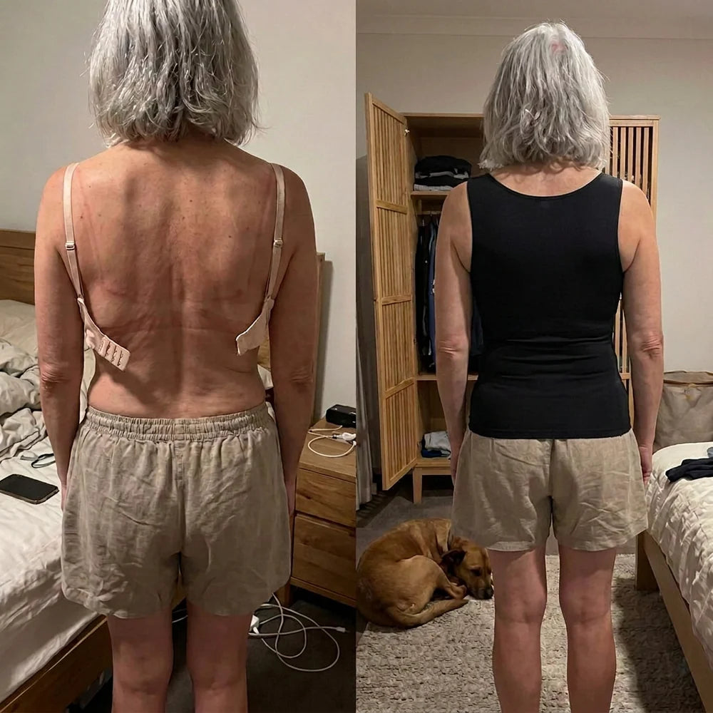 A side-by-side comparison photo showing a woman from behind in a bedroom, wearing beige shorts and a black tank top in both frames.