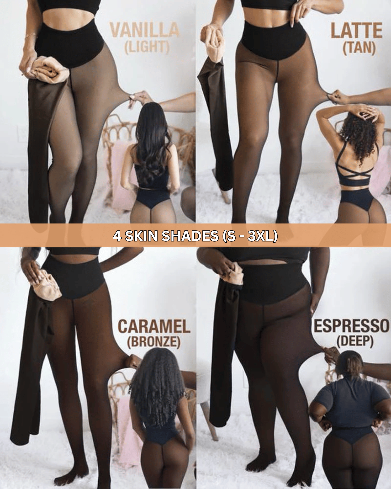 Collage of four skin shade options for tights with models wearing them.