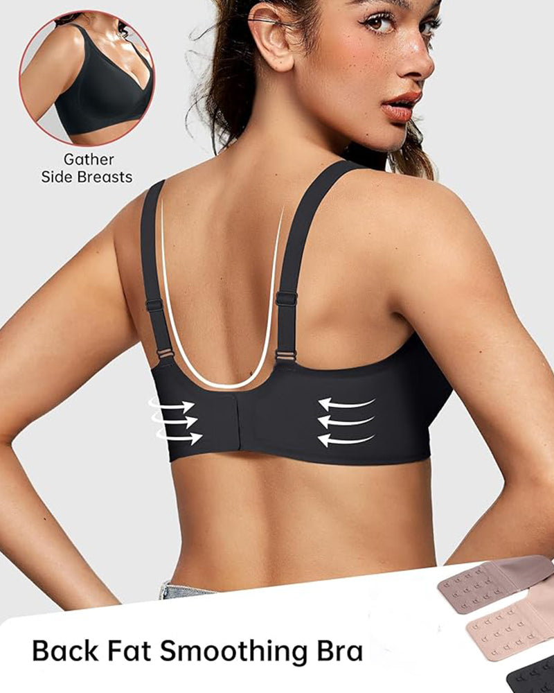 Woman wearing a black back fat smoothing bra with inset showing side view.