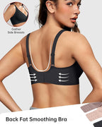 Woman wearing a black back fat smoothing bra with inset showing side view.