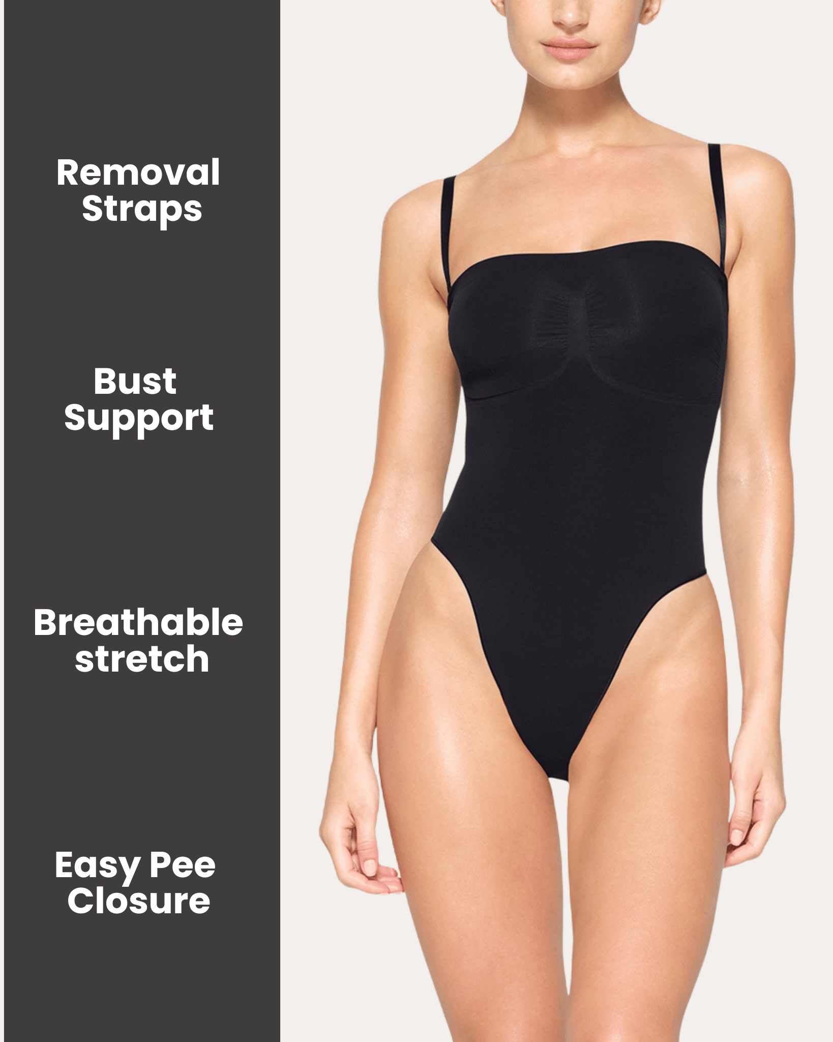 Black strapless bodysuit with text highlighting features on a gray background