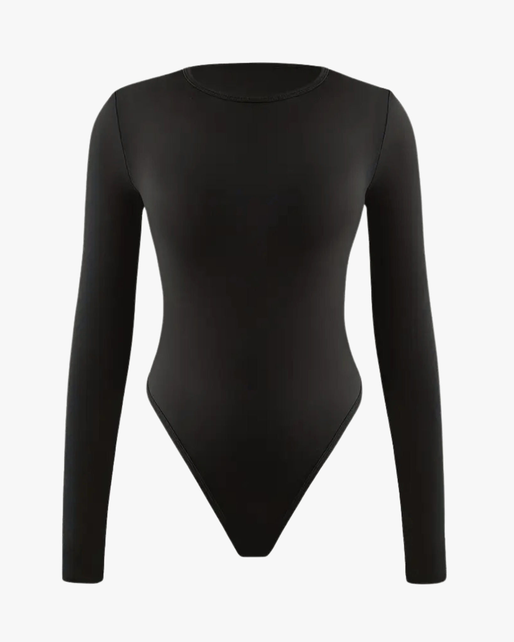 Black bodysuit with long sleeves on a white background