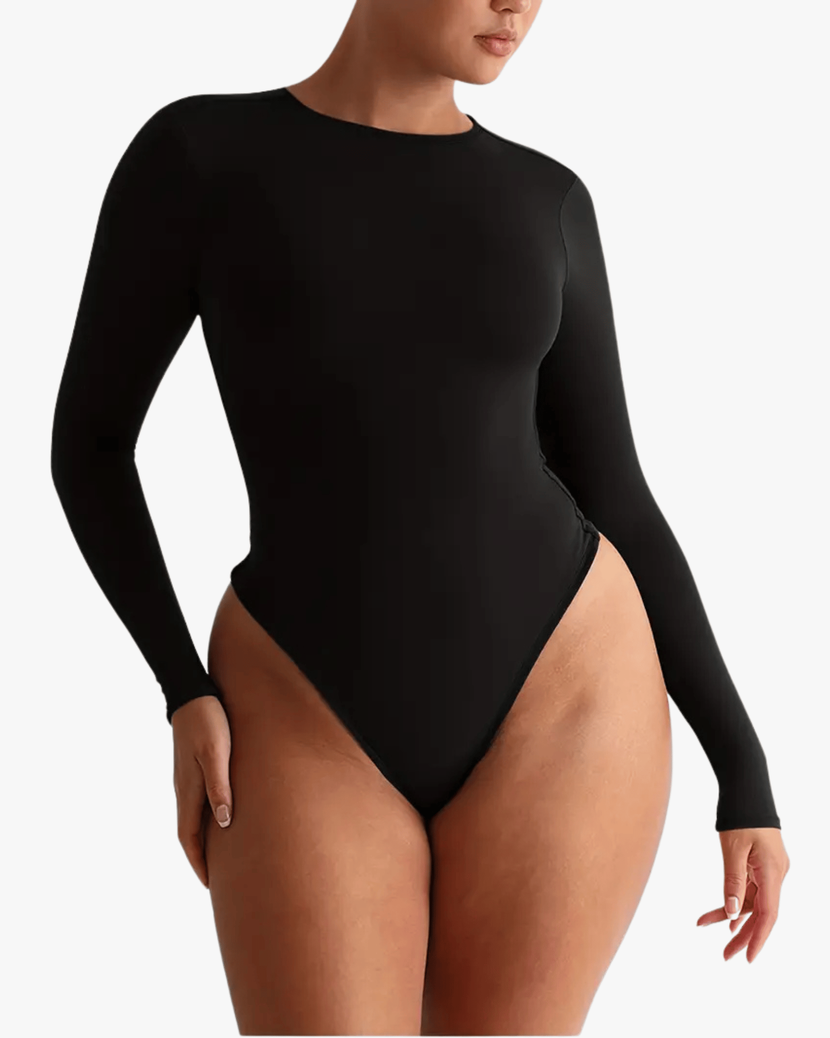 Black long-sleeve bodysuit worn by a model on a white background