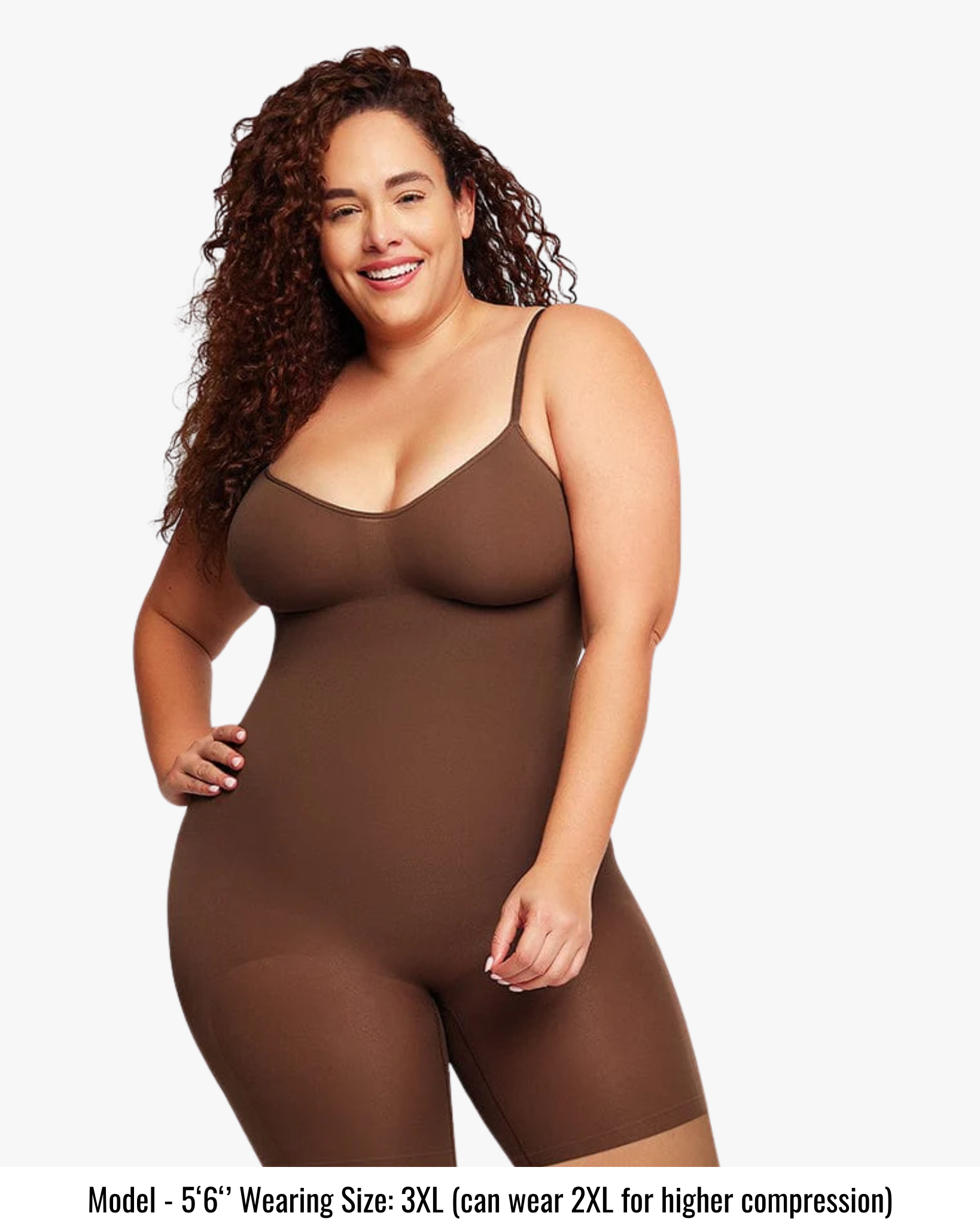 Woman wearing a brown bodysuit on a white background