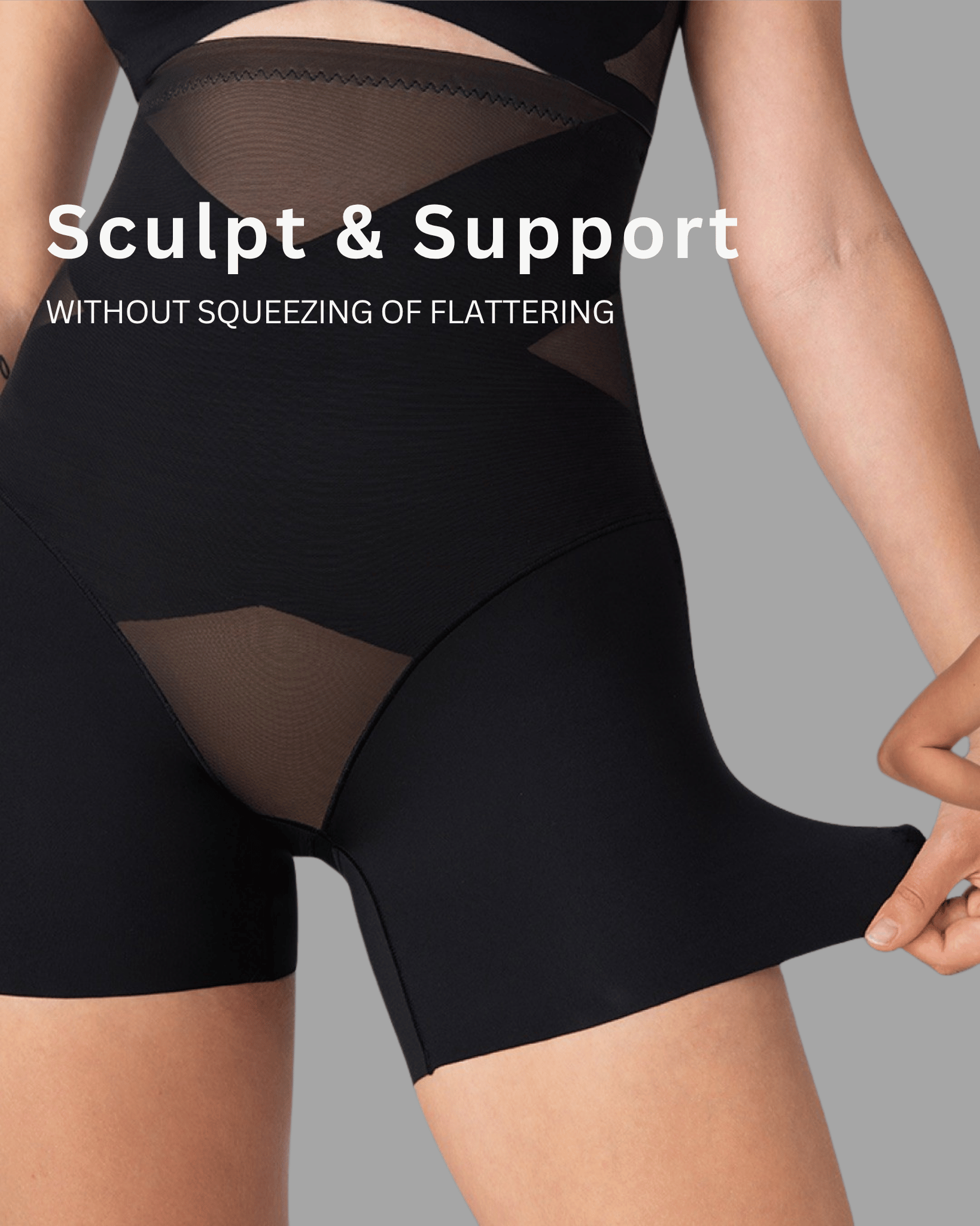 Black shapewear with text 'Sculpt & Support' on a gray background
