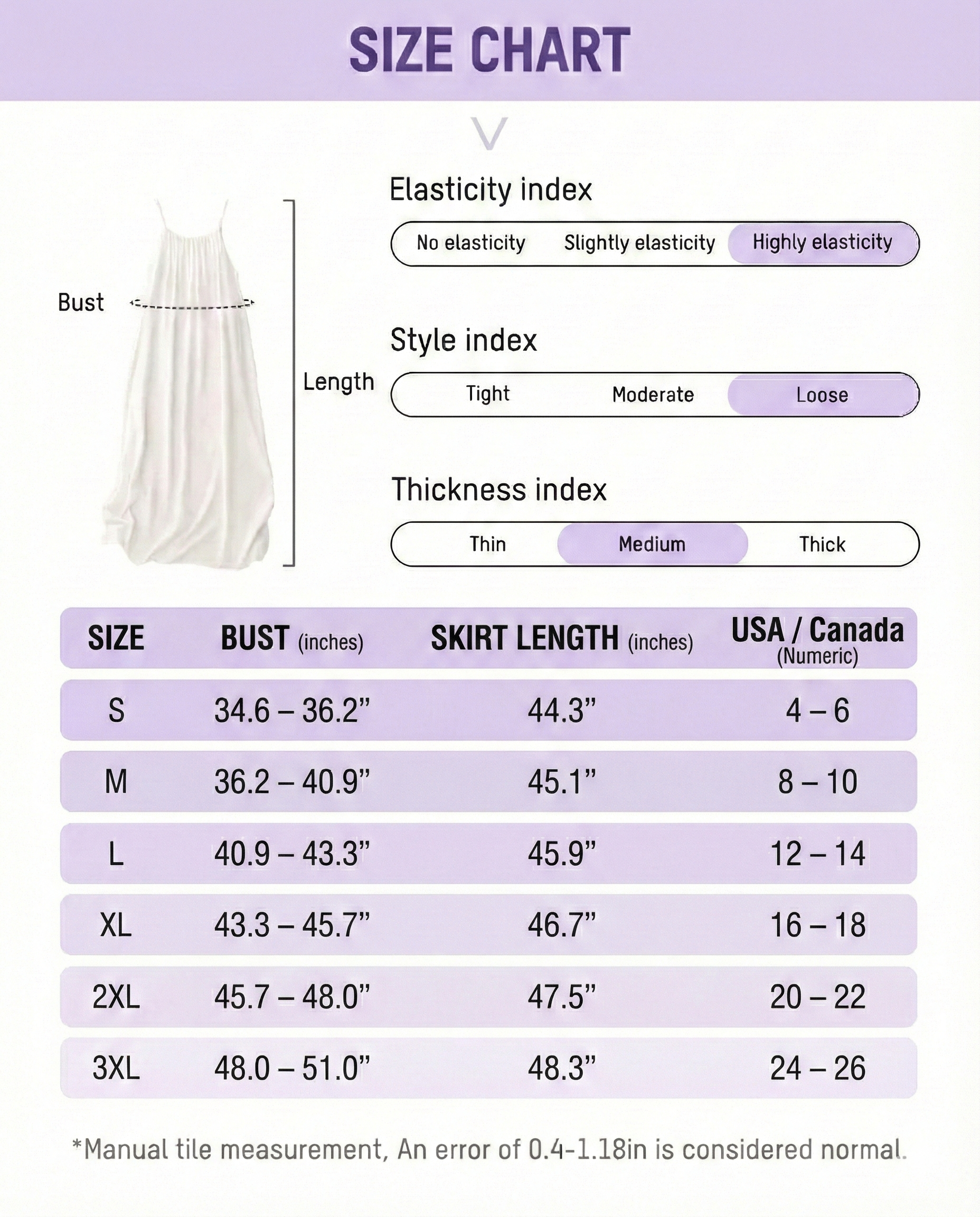 Size chart for a garment with measurements in inches and US/Canada sizes.