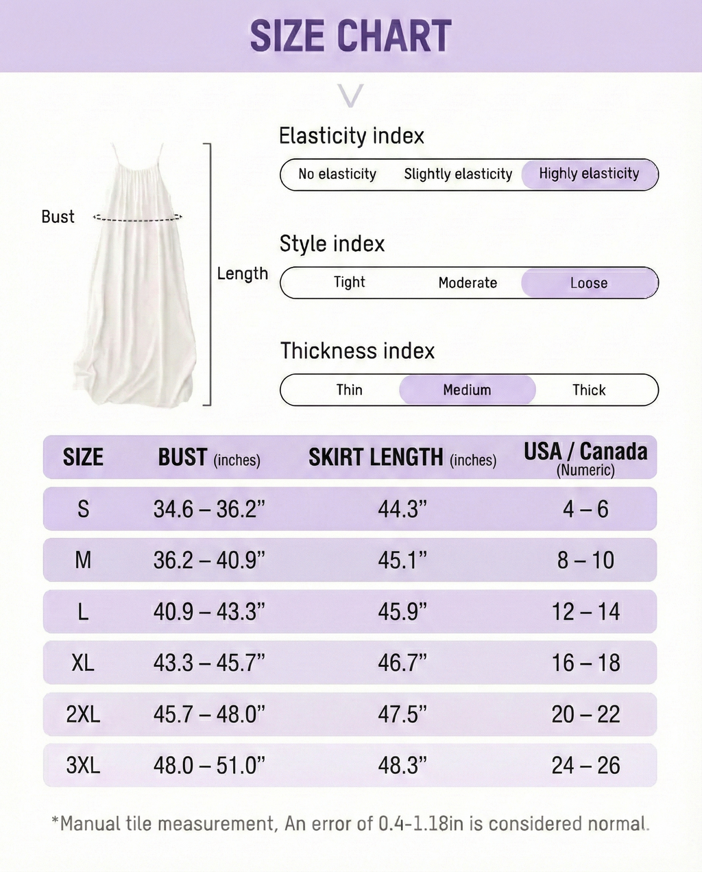 Size chart for a garment with measurements in inches and US/Canada sizes.