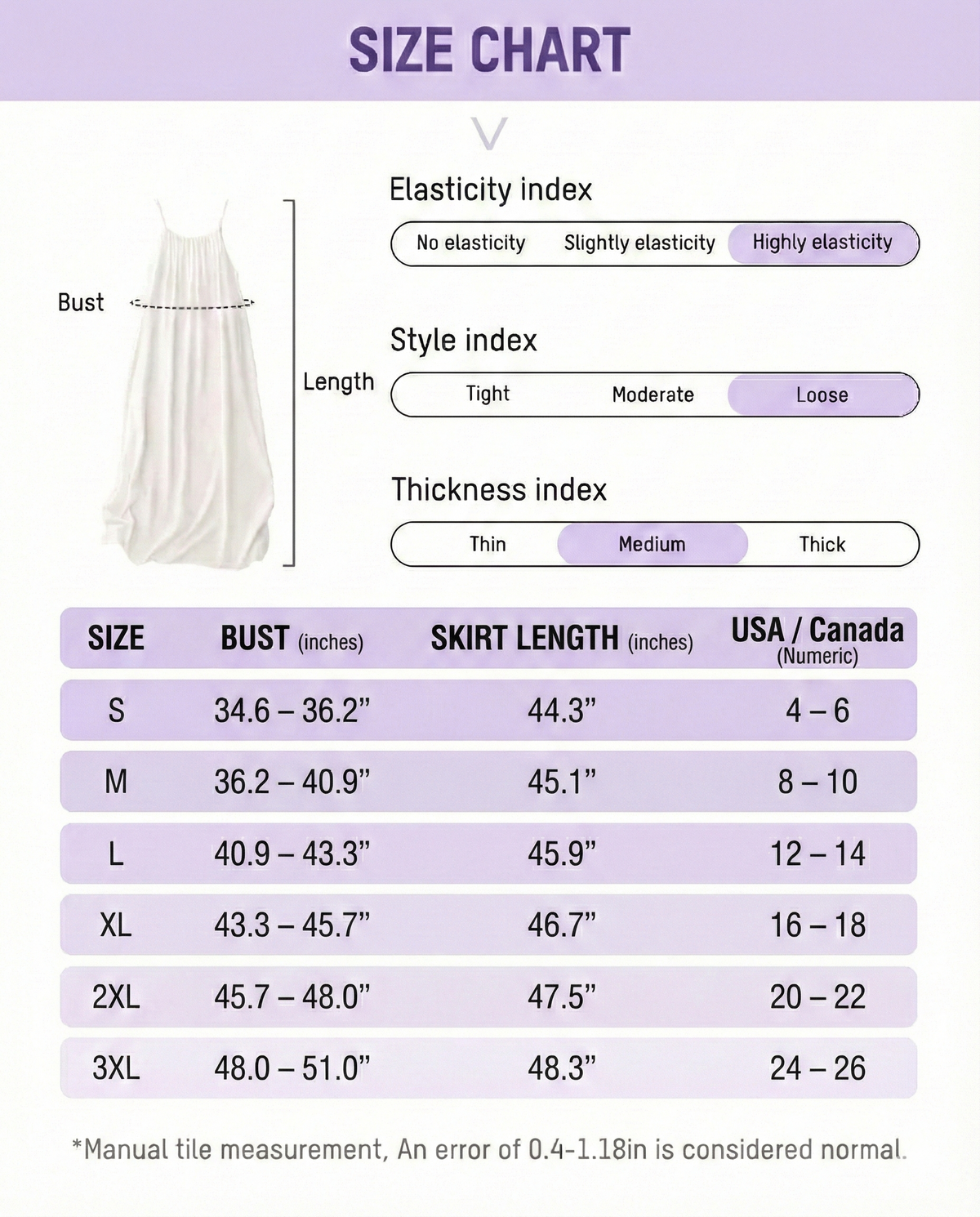 Size chart for a garment with measurements in inches and US/Canada sizes.