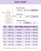 Size chart for a garment with measurements in centimeters and clothing size labels.