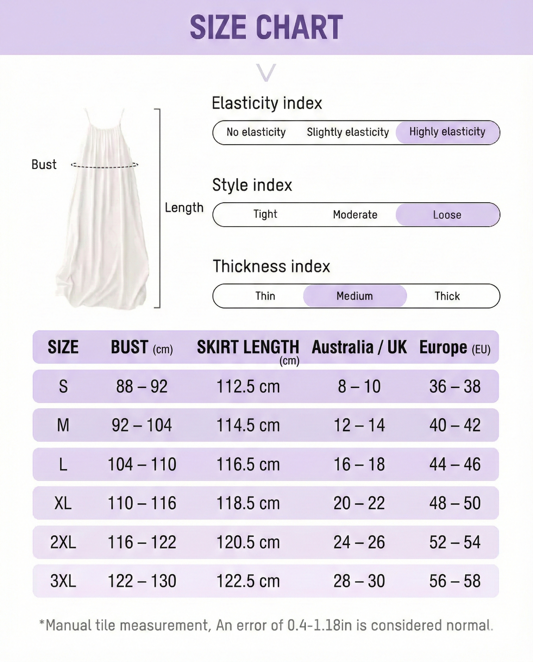 Size chart for a garment with measurements in centimeters and clothing size labels.