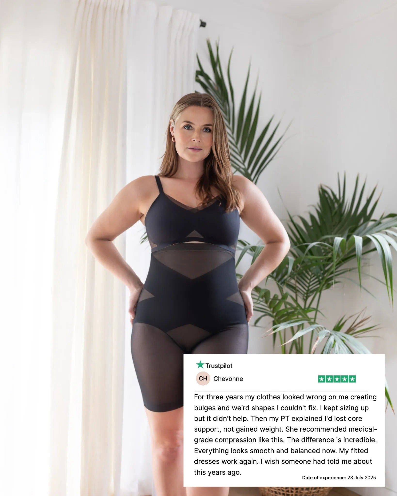 Woman wearing a black bodysuit with text overlay on a white background